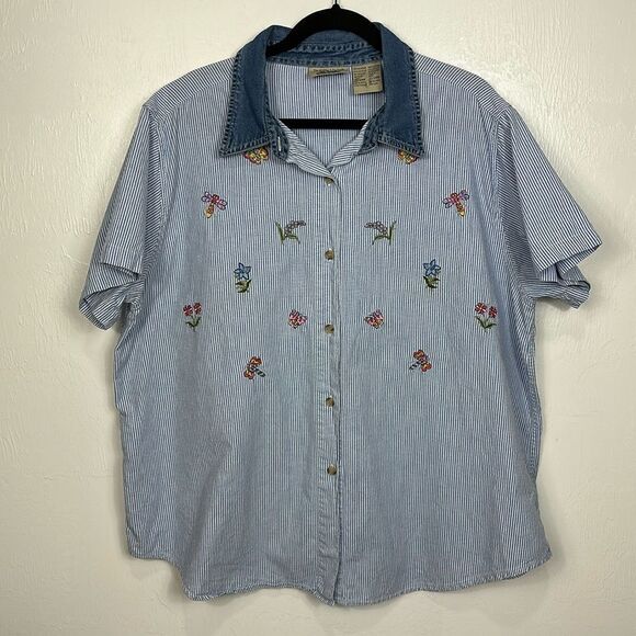 At Last & Co Floral Embroidered Short Sleeve Button Down Shirt Size 22/24W - Picture 1 of 7